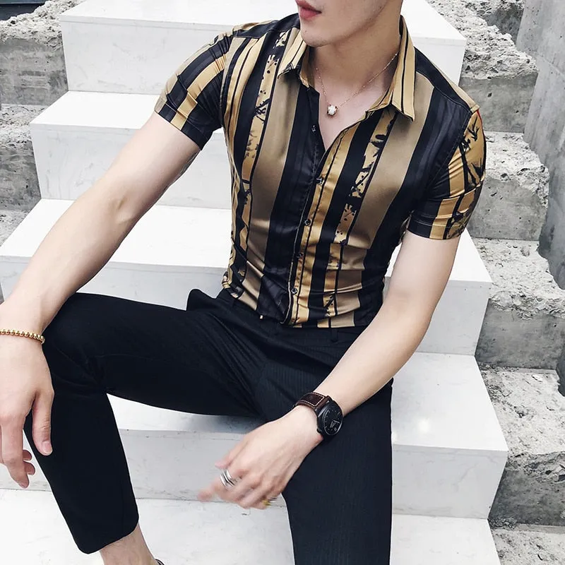 Men's Luxury Summer Gold Slim Fit Partywear Short Sleeve Dress Shirt