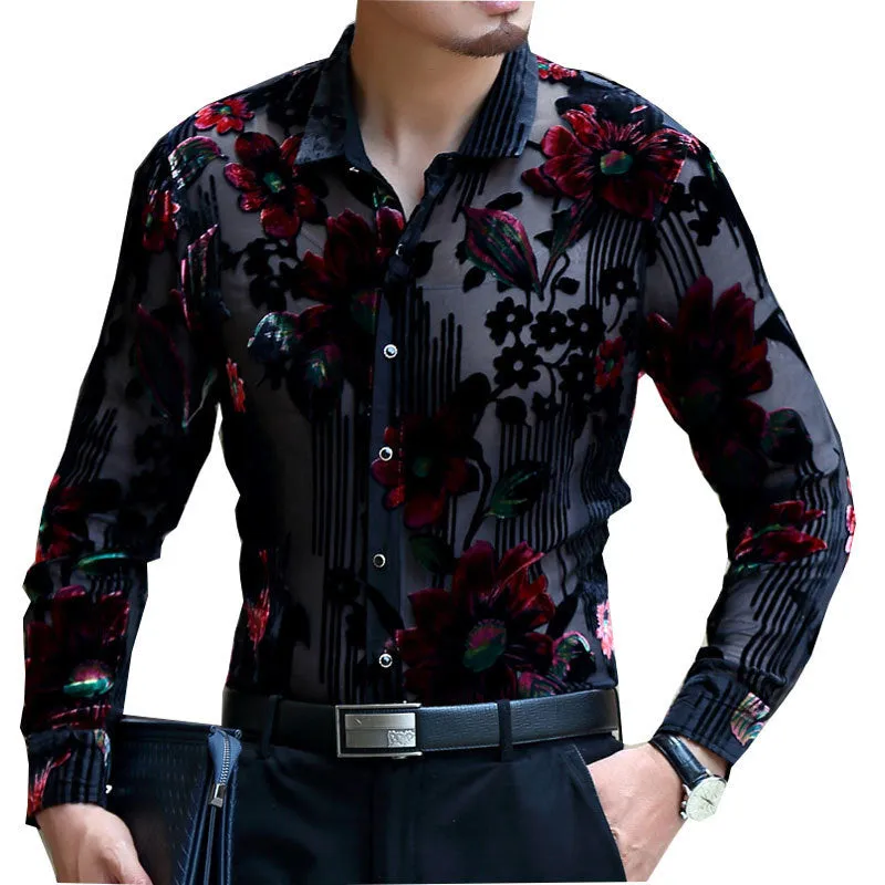 Men's Sexy Transparent Floral Printed Pattern Partywear Long Sleeve Shirt