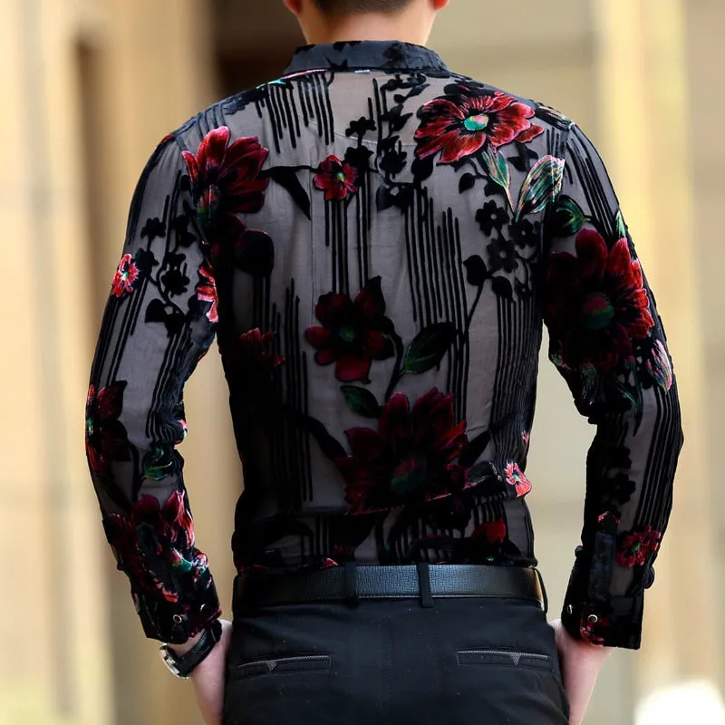 Men's Sexy Transparent Floral Printed Pattern Partywear Long Sleeve Shirt