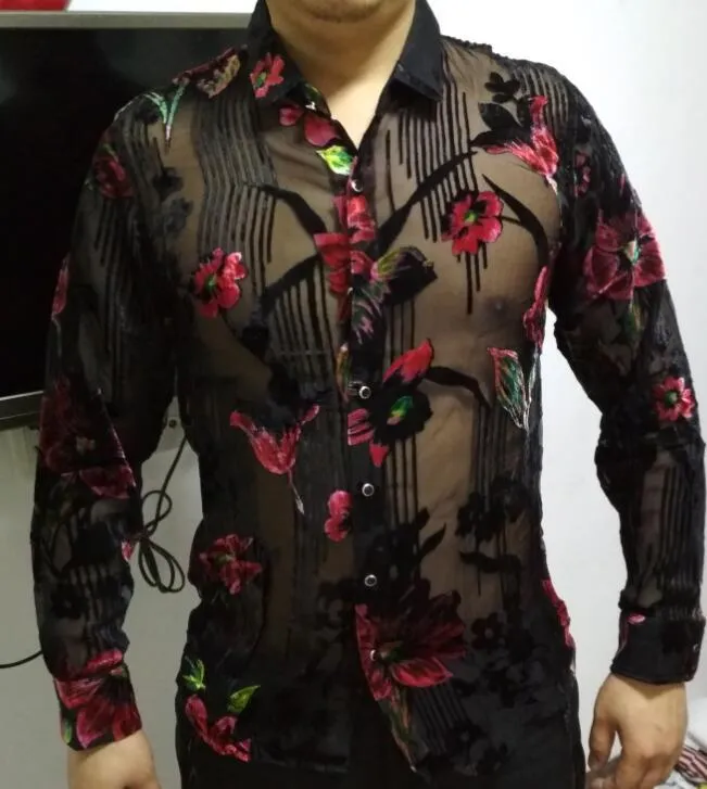 Men's Sexy Transparent Floral Printed Pattern Partywear Long Sleeve Shirt