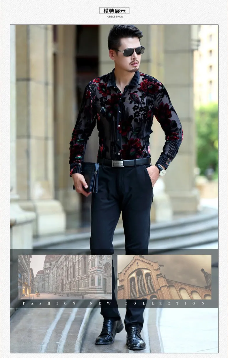 Men's Sexy Transparent Floral Printed Pattern Partywear Long Sleeve Shirt