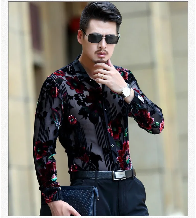 Men's Sexy Transparent Floral Printed Pattern Partywear Long Sleeve Shirt