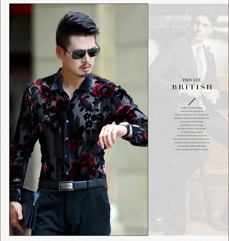 Men's Sexy Transparent Floral Printed Pattern Partywear Long Sleeve Shirt