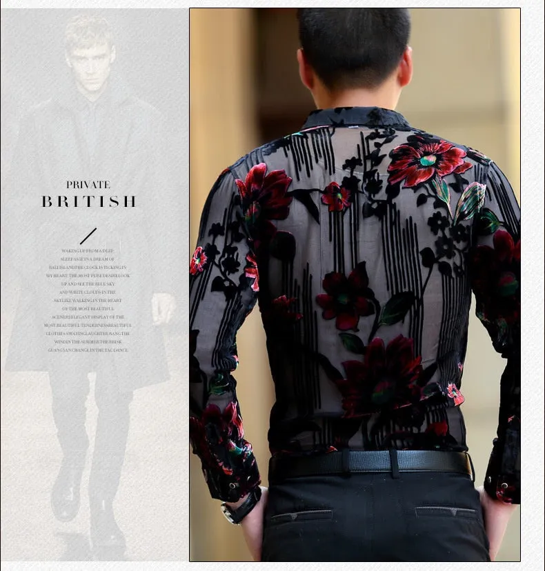 Men's Sexy Transparent Floral Printed Pattern Partywear Long Sleeve Shirt