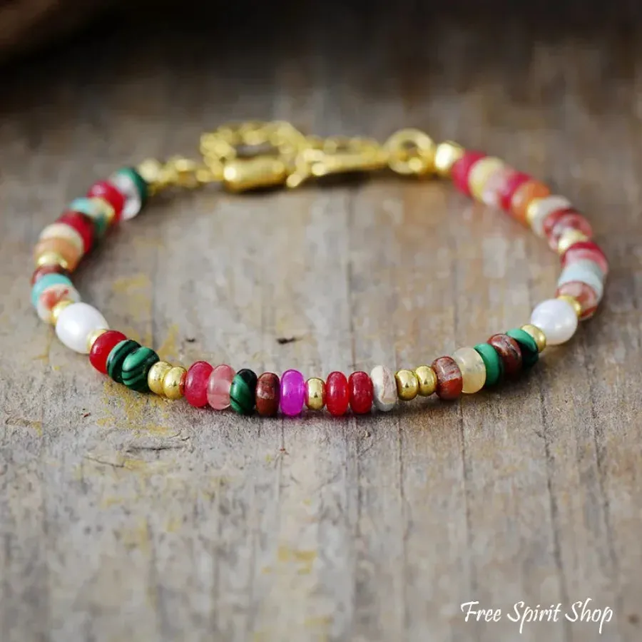 Mixed Multi-Color Natural Stone Bead & Pearl Bracelet