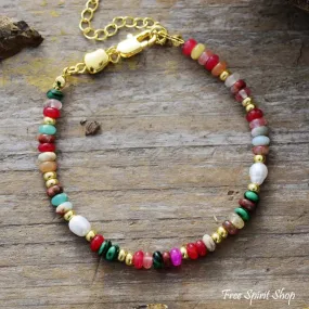 Mixed Multi-Color Natural Stone Bead & Pearl Bracelet