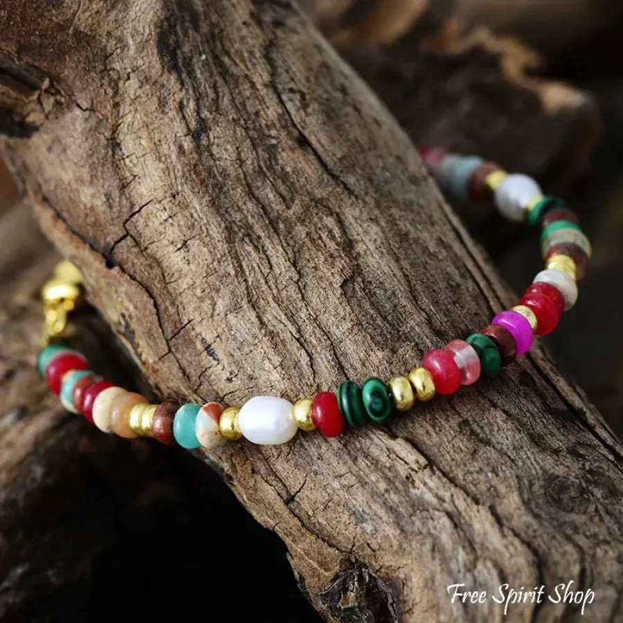 Mixed Multi-Color Natural Stone Bead & Pearl Bracelet