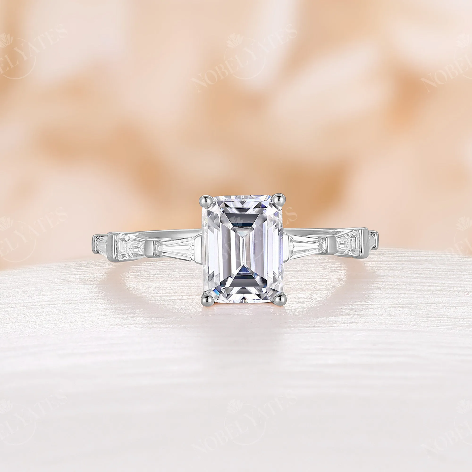 Moissanite Emerald Cut Baguette Side Stone Engagement Ring