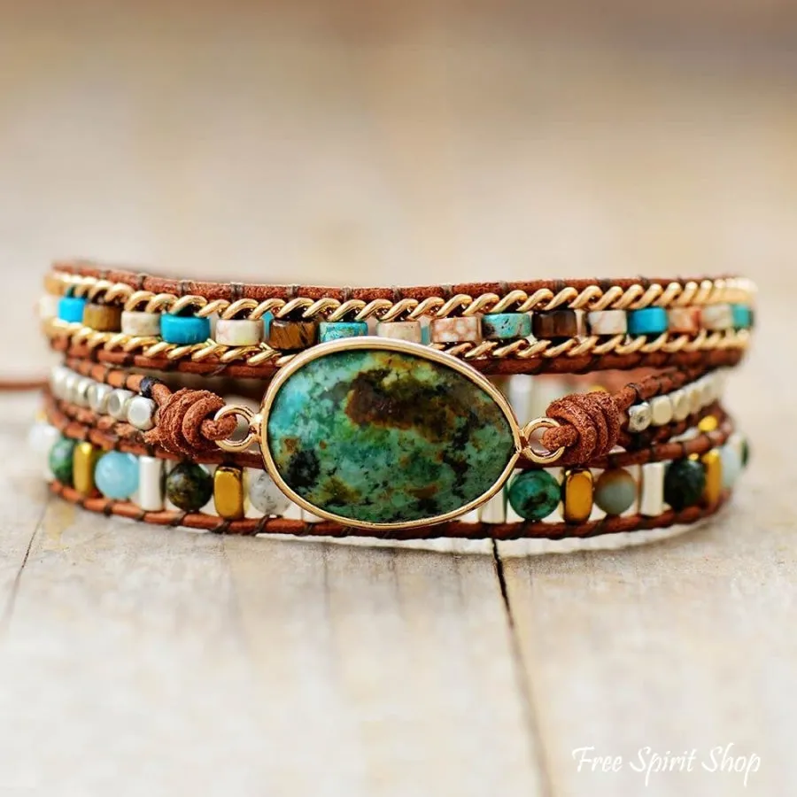 Natural African Turquoise & Mixed Beads Wrap Bracelet