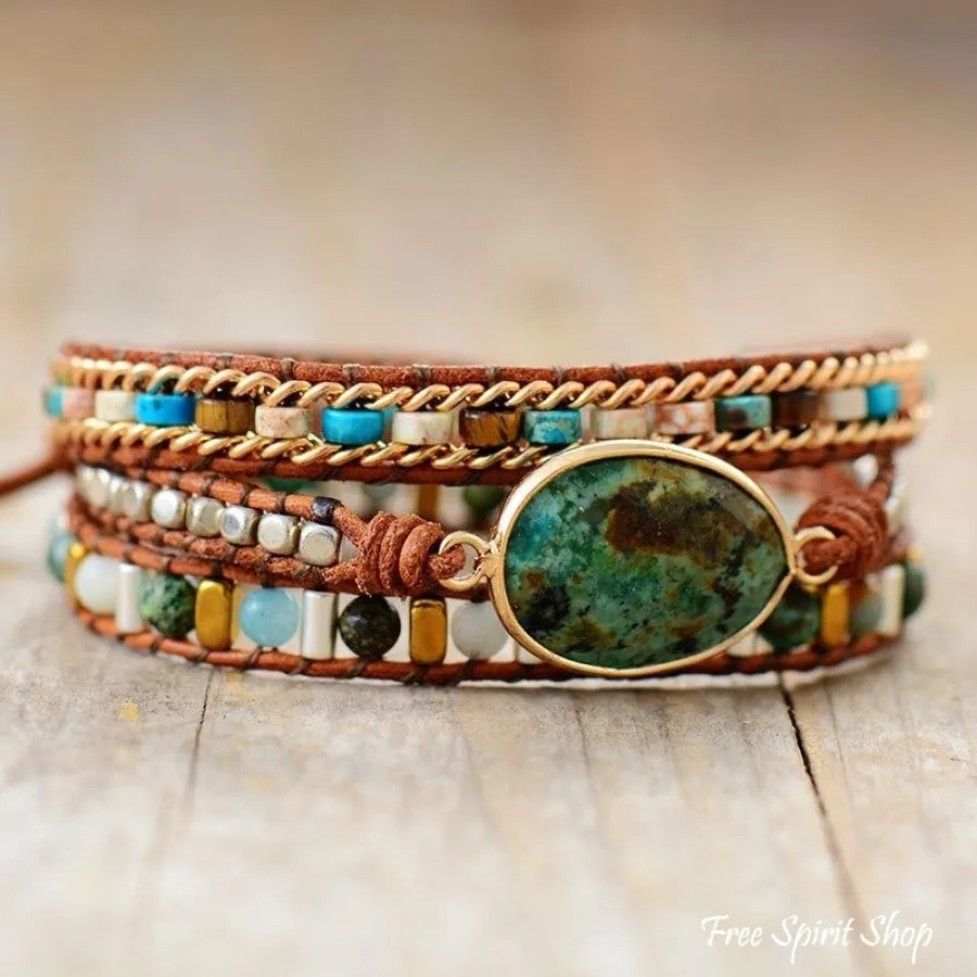 Natural African Turquoise & Mixed Beads Wrap Bracelet