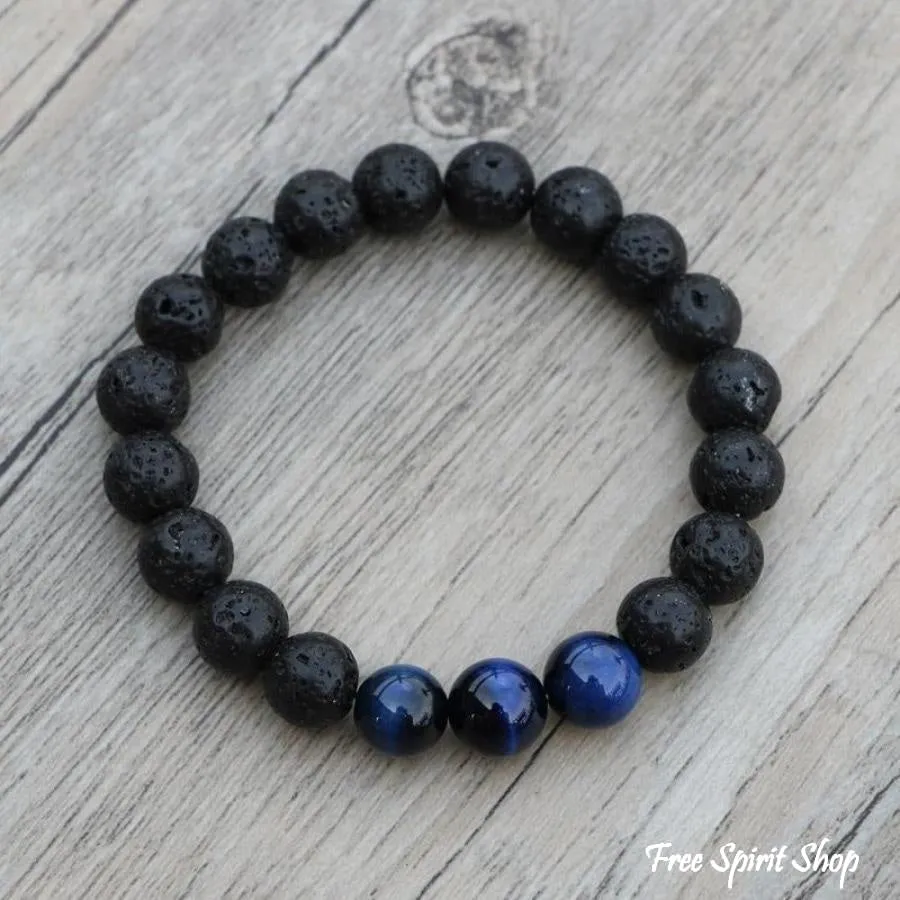 Natural Black Lava Stone & Blue Tiger Eye Beads Bracelet