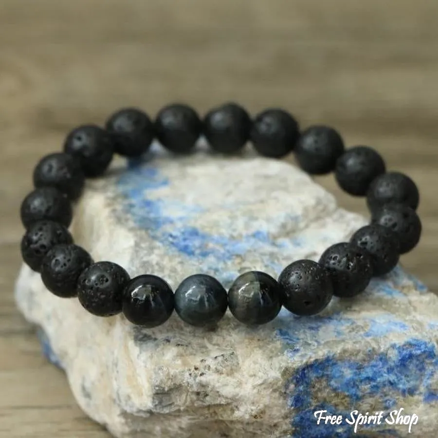 Natural Black Lava Stone & Blue Tiger Eye Beads Bracelet