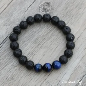 Natural Black Lava Stone & Blue Tiger Eye Beads Bracelet