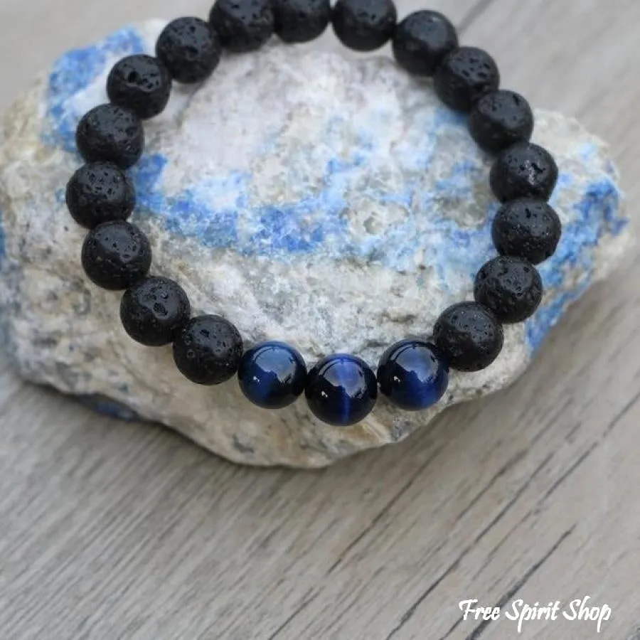 Natural Black Lava Stone & Blue Tiger Eye Beads Bracelet