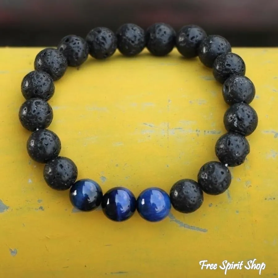 Natural Black Lava Stone & Blue Tiger Eye Beads Bracelet