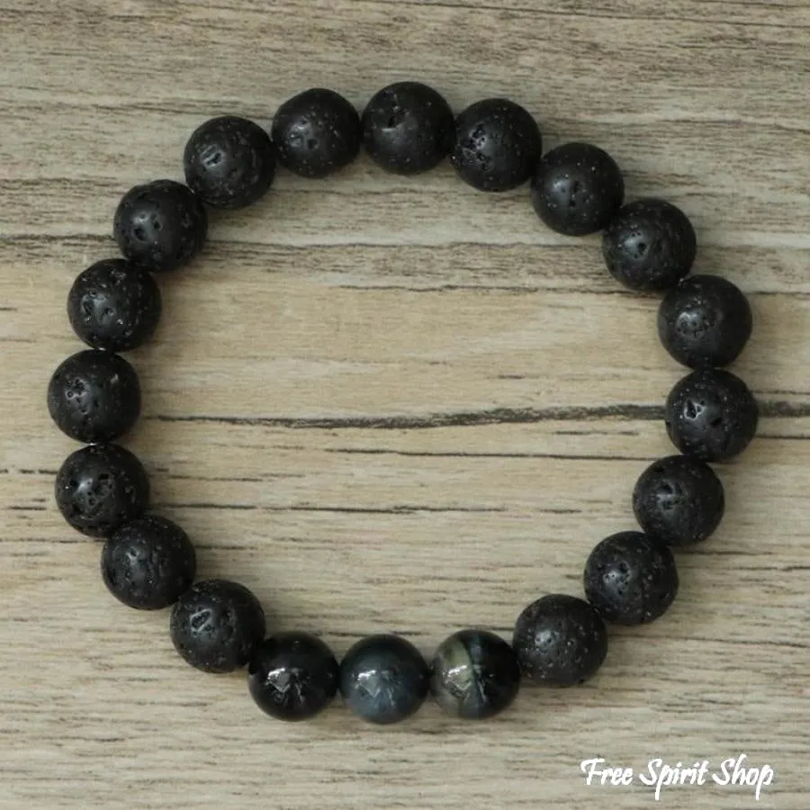 Natural Black Lava Stone & Blue Tiger Eye Beads Bracelet