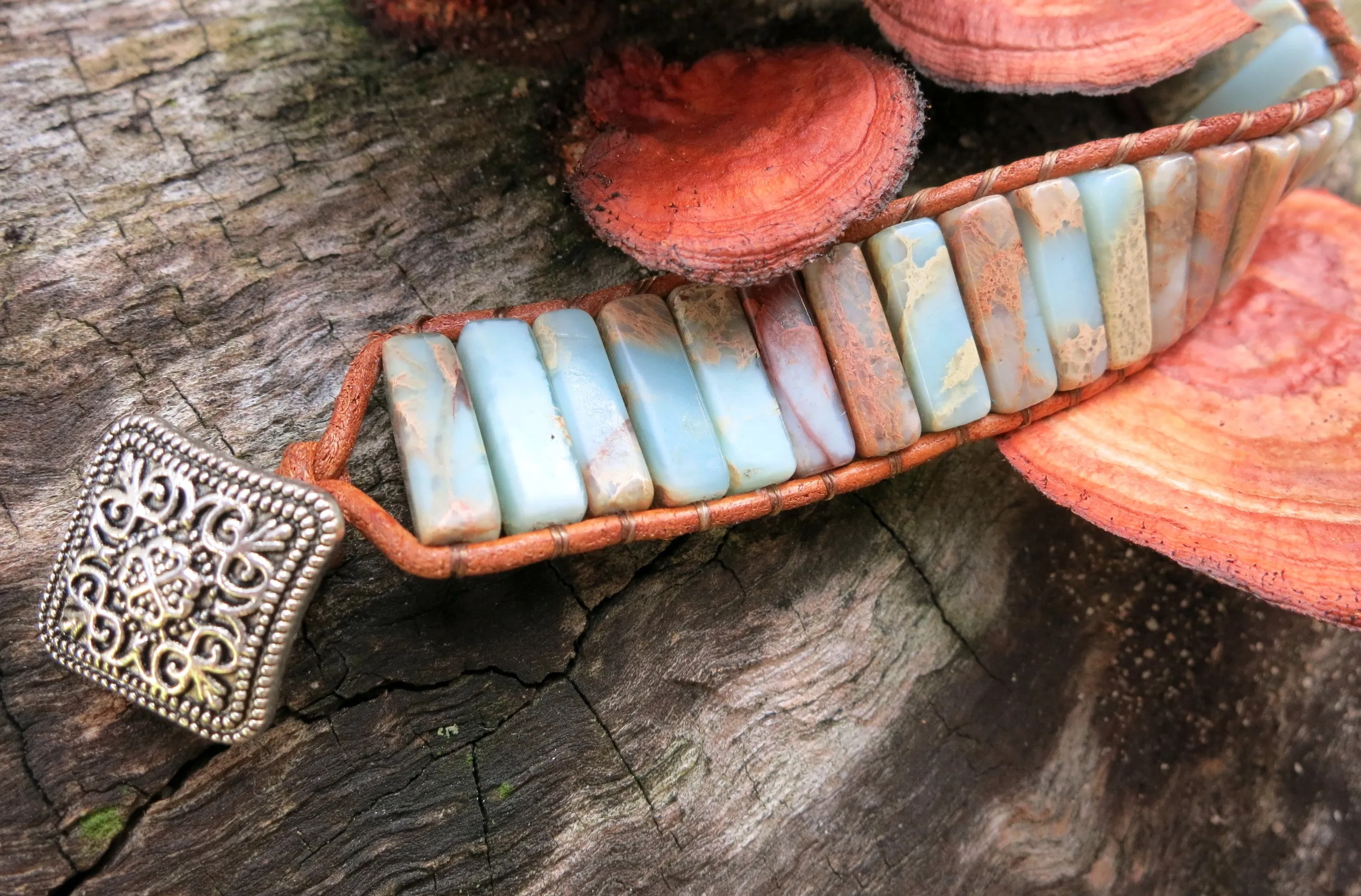 Natural Jasper Tube Stone Leather Cuff Bracelet