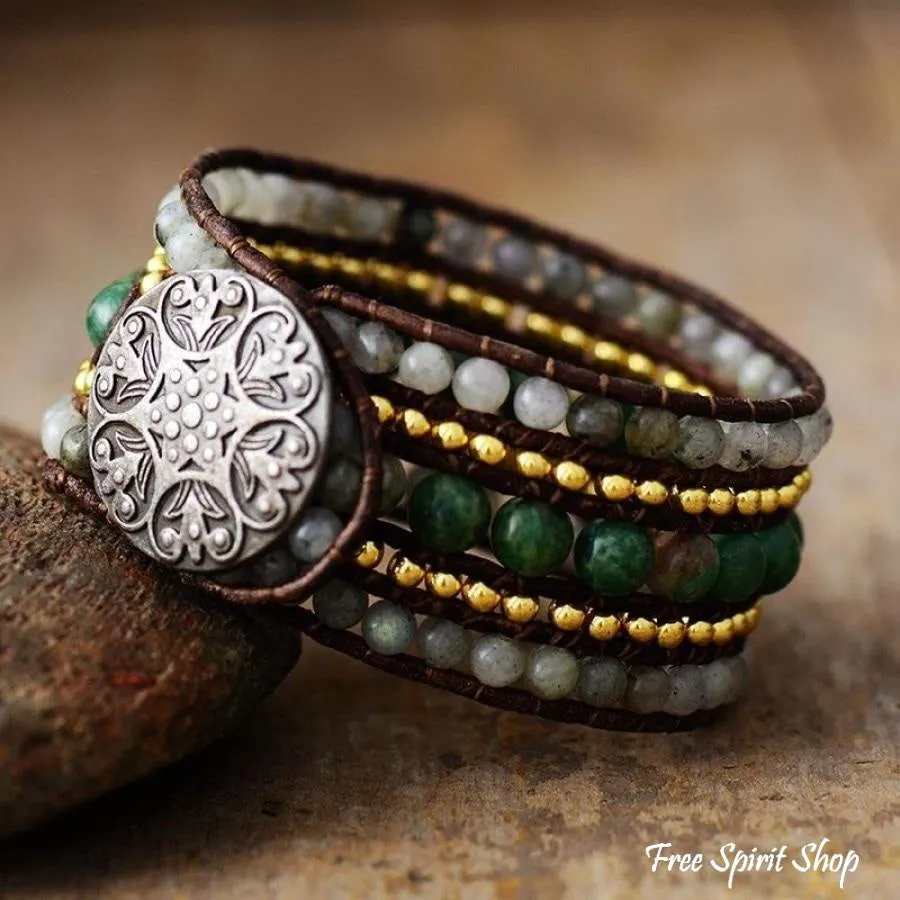 Natural Labradorite & Green Stone Wrap Bracelet