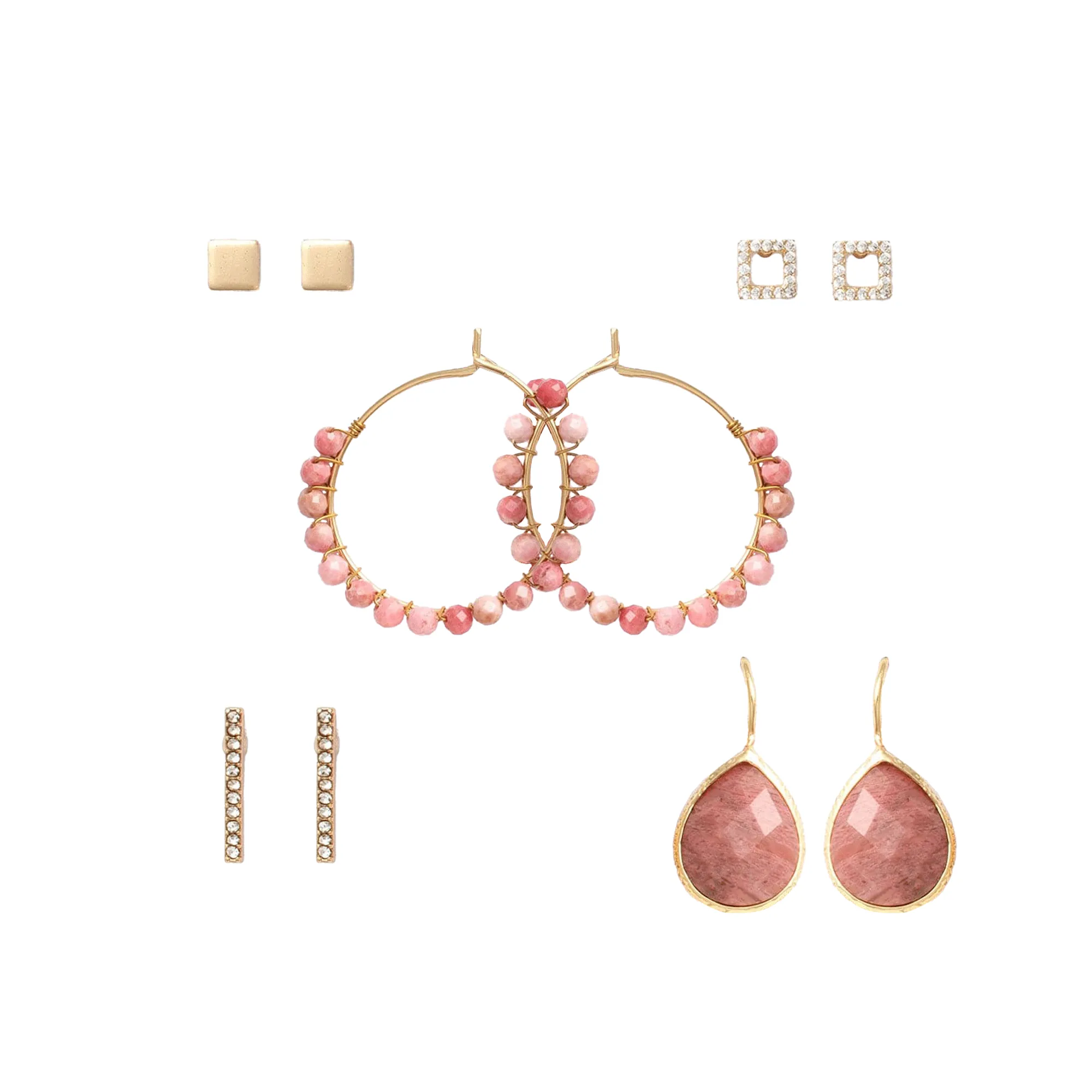 Natural Pink Stone Hoop Earring Set