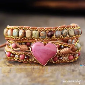 Natural Rhodonite & Jasper LOVE Wrap Bracelet