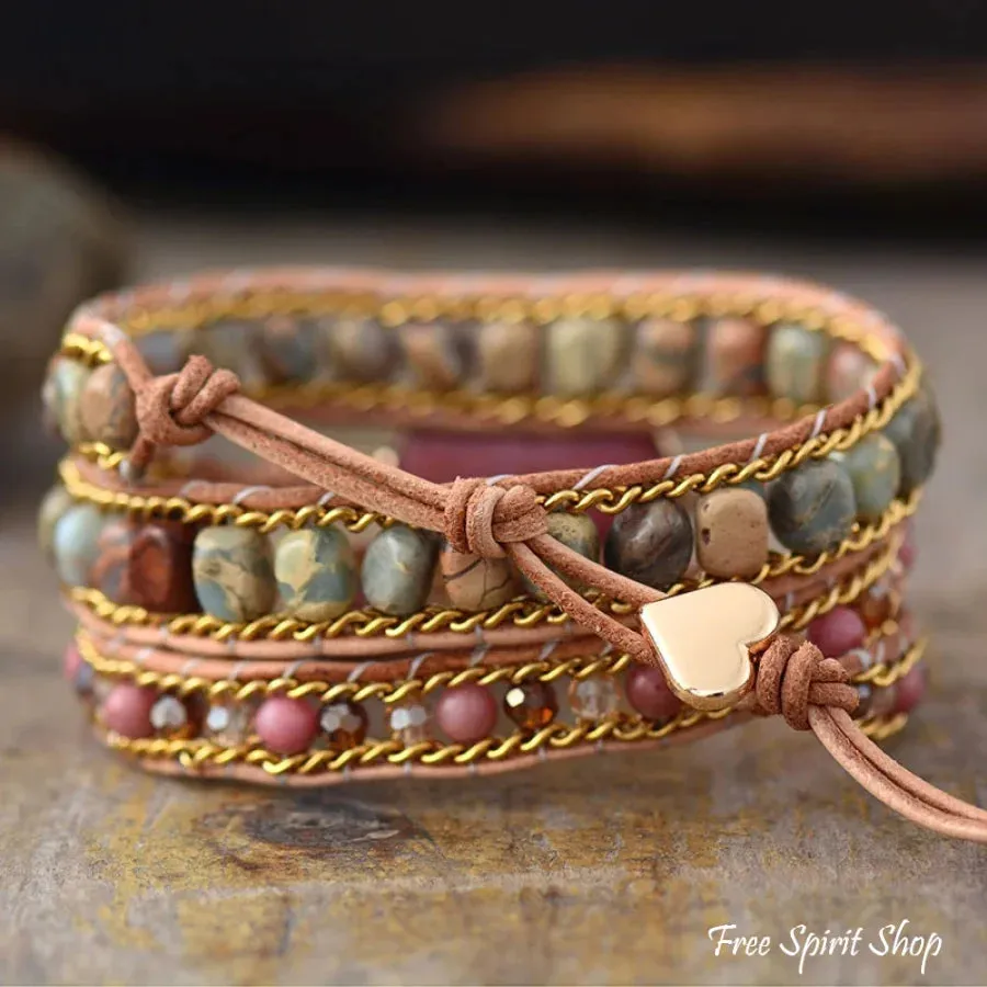 Natural Rhodonite & Jasper LOVE Wrap Bracelet