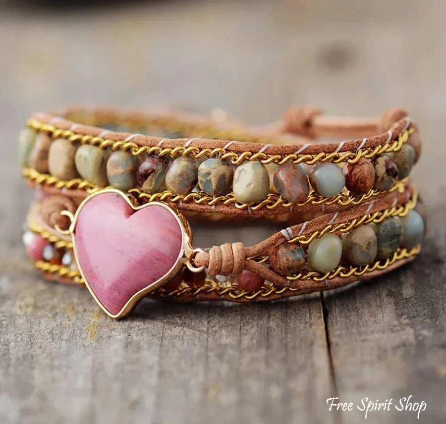 Natural Rhodonite & Jasper LOVE Wrap Bracelet