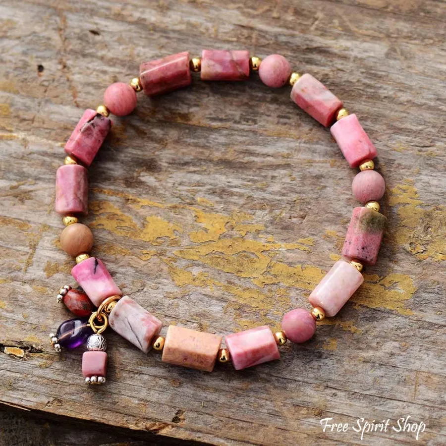 Natural Rhodonite Stone Tube Bead Bracelet