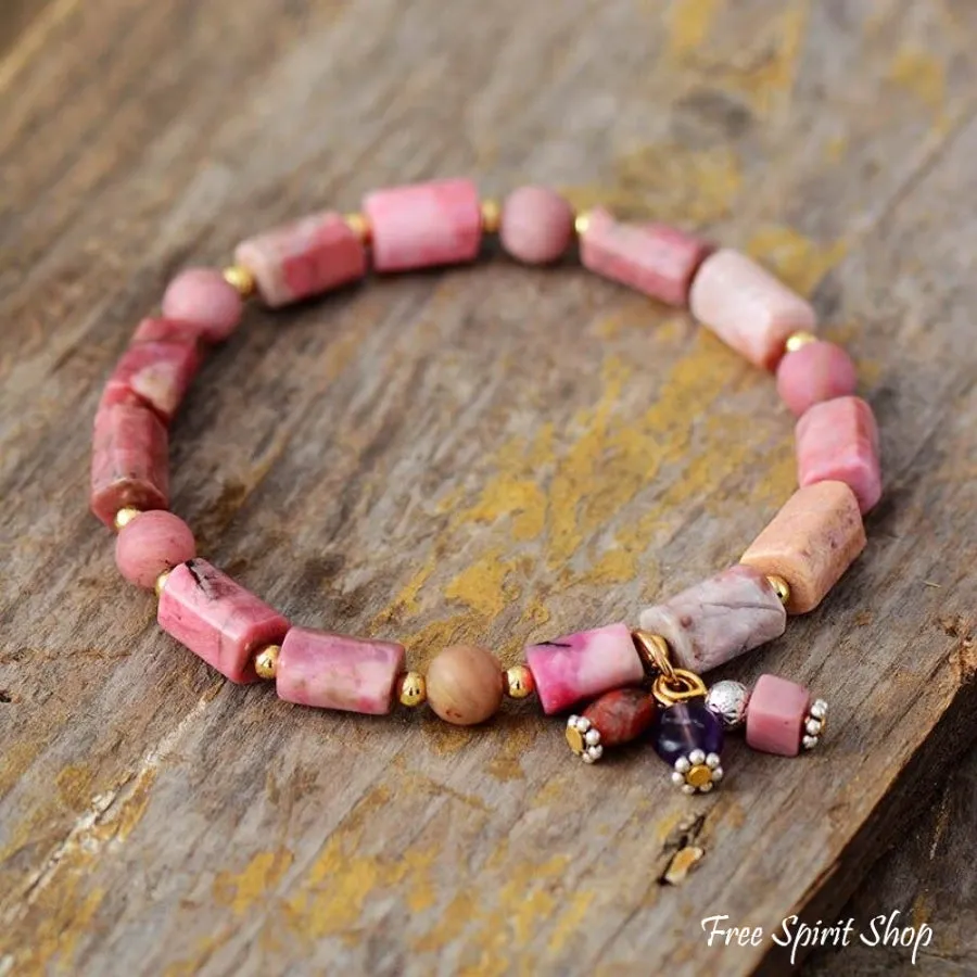 Natural Rhodonite Stone Tube Bead Bracelet