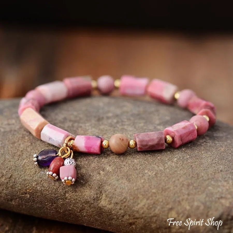 Natural Rhodonite Stone Tube Bead Bracelet