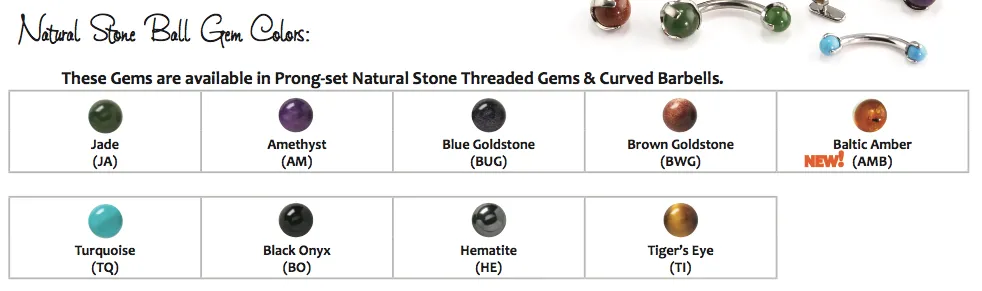 Natural Stone Balls in Prong's Curved Barbell