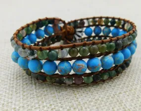 Natural Stone Bracelet Leather Jewelry Braided Women Blue