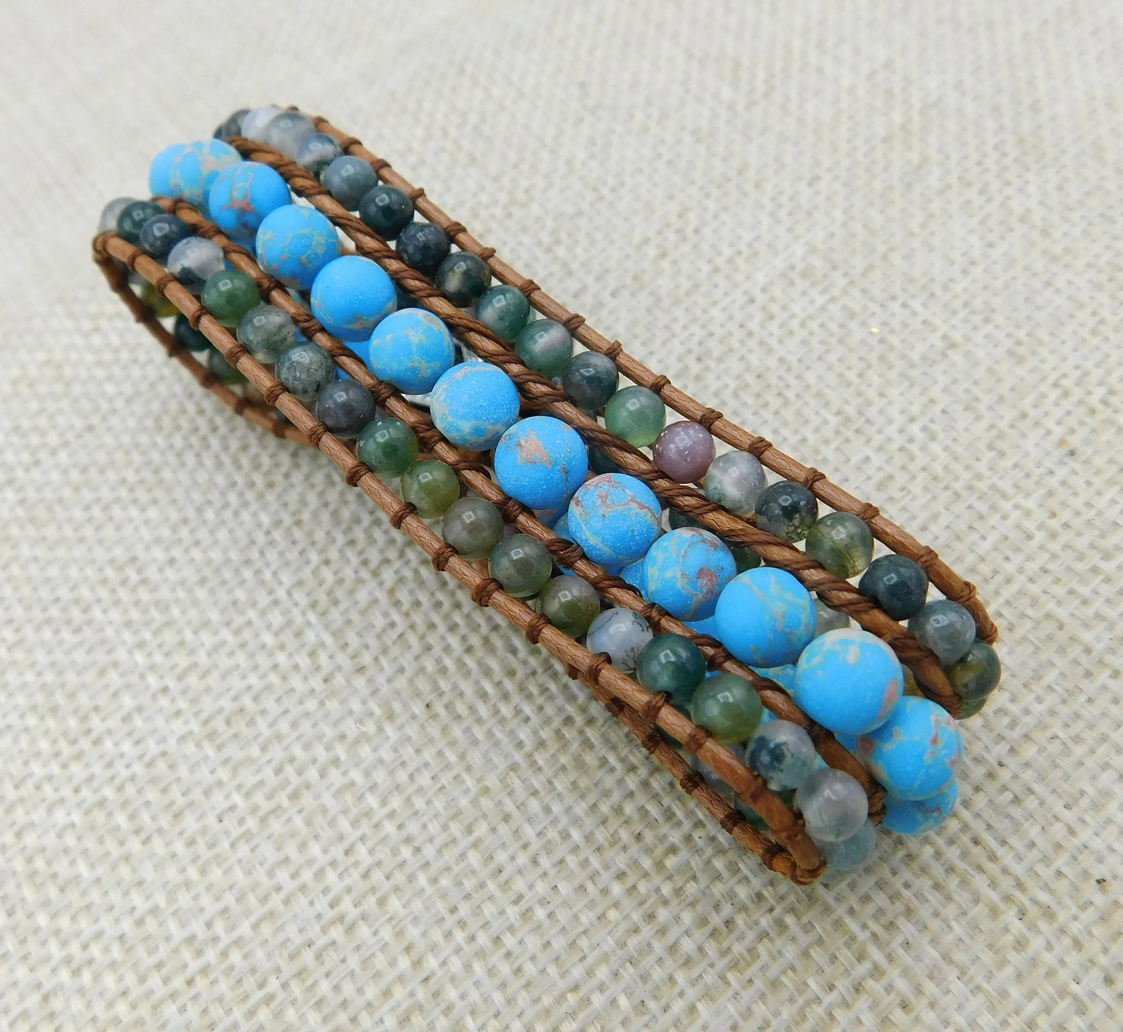 Natural Stone Bracelet Leather Jewelry Braided Women Blue