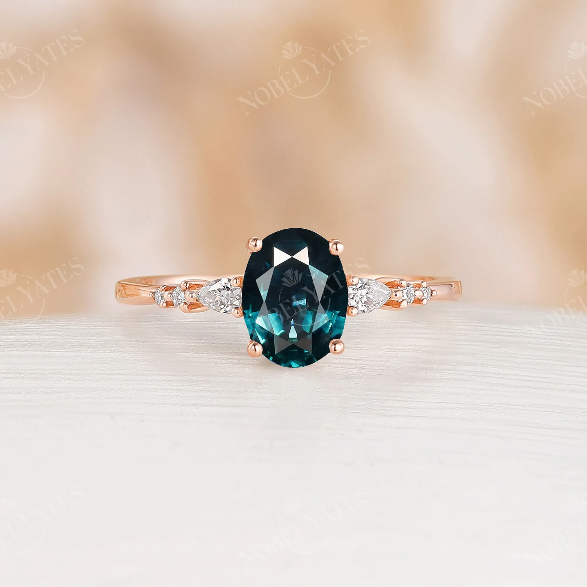 Natural Teal Sapphire Engagement Ring Side Stone Rose Gold