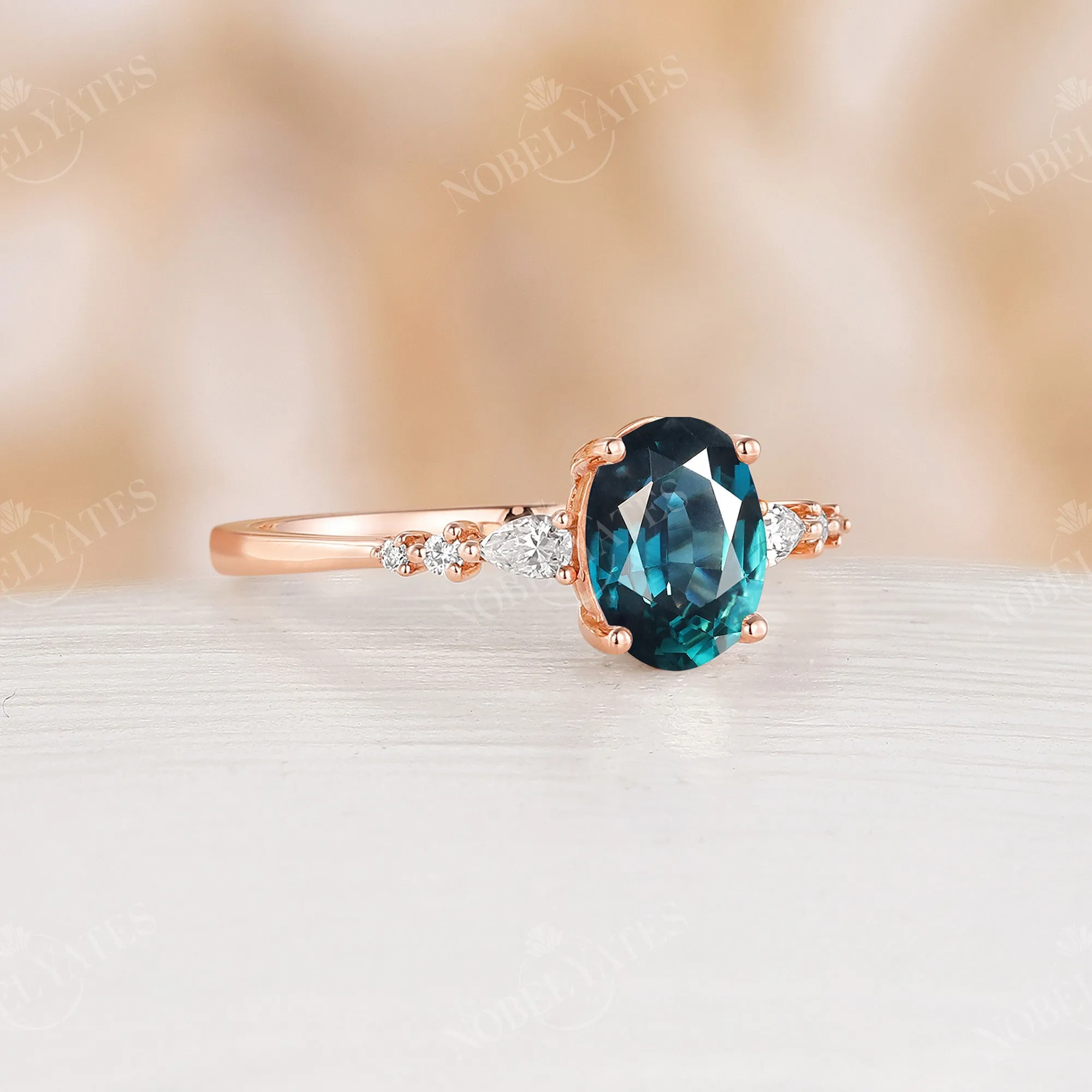 Natural Teal Sapphire Engagement Ring Side Stone Rose Gold