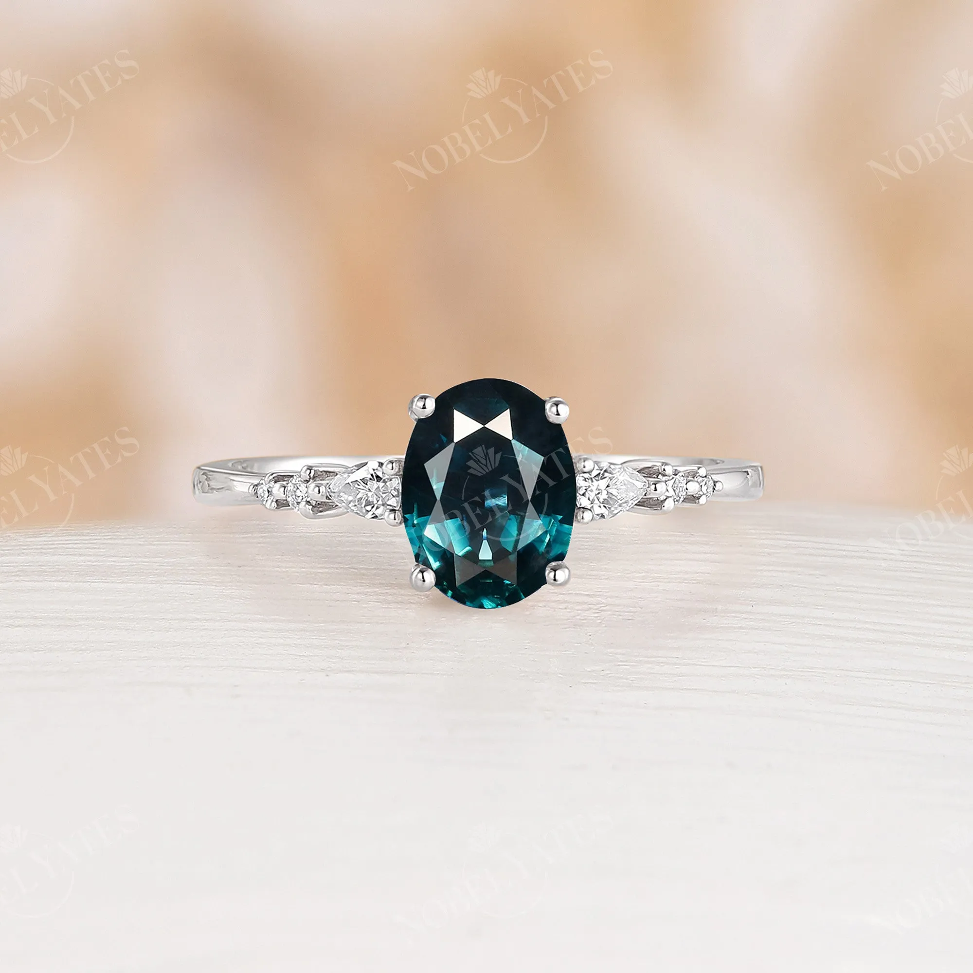 Natural Teal Sapphire Engagement Ring Side Stone Rose Gold