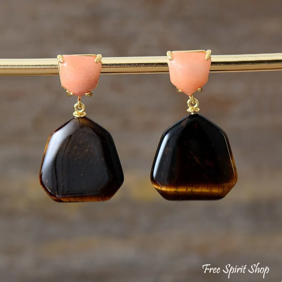 Natural Tiger Eye & Peach Stone Earrings