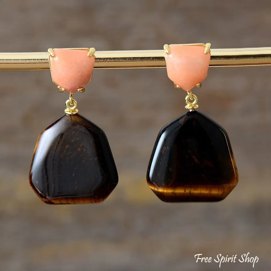 Natural Tiger Eye & Peach Stone Earrings