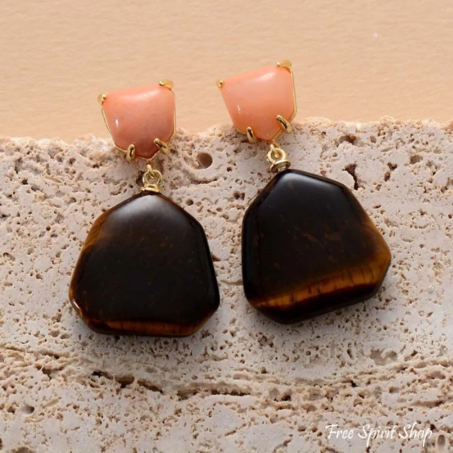 Natural Tiger Eye & Peach Stone Earrings