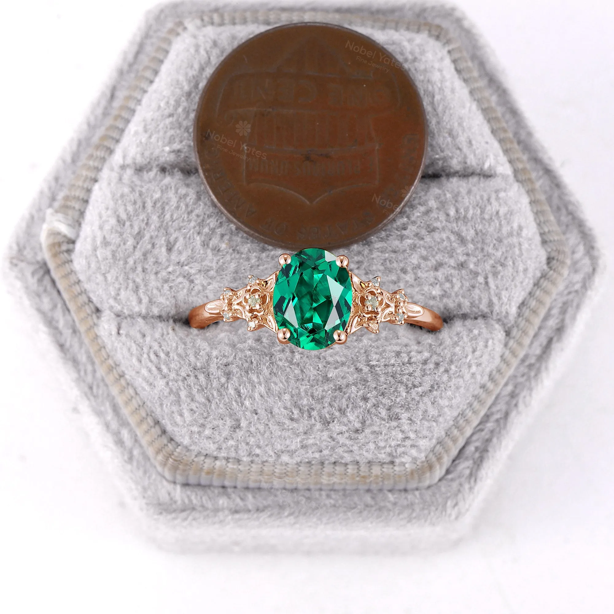 Nature Inspired Oval Cut Lab Emerald Foral Engagement Ring Rose Gold Side Stone