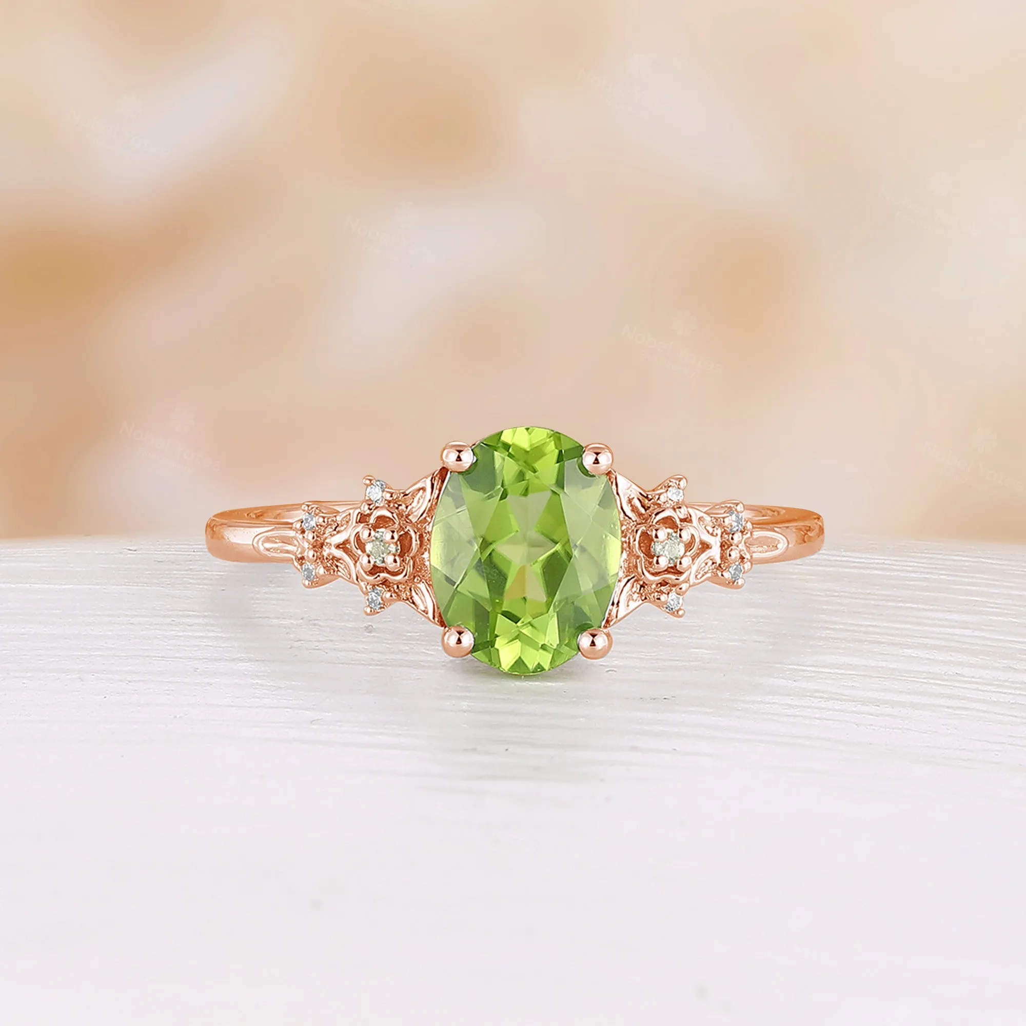 Nature Inspired Oval Cut Lab Emerald Foral Engagement Ring Rose Gold Side Stone