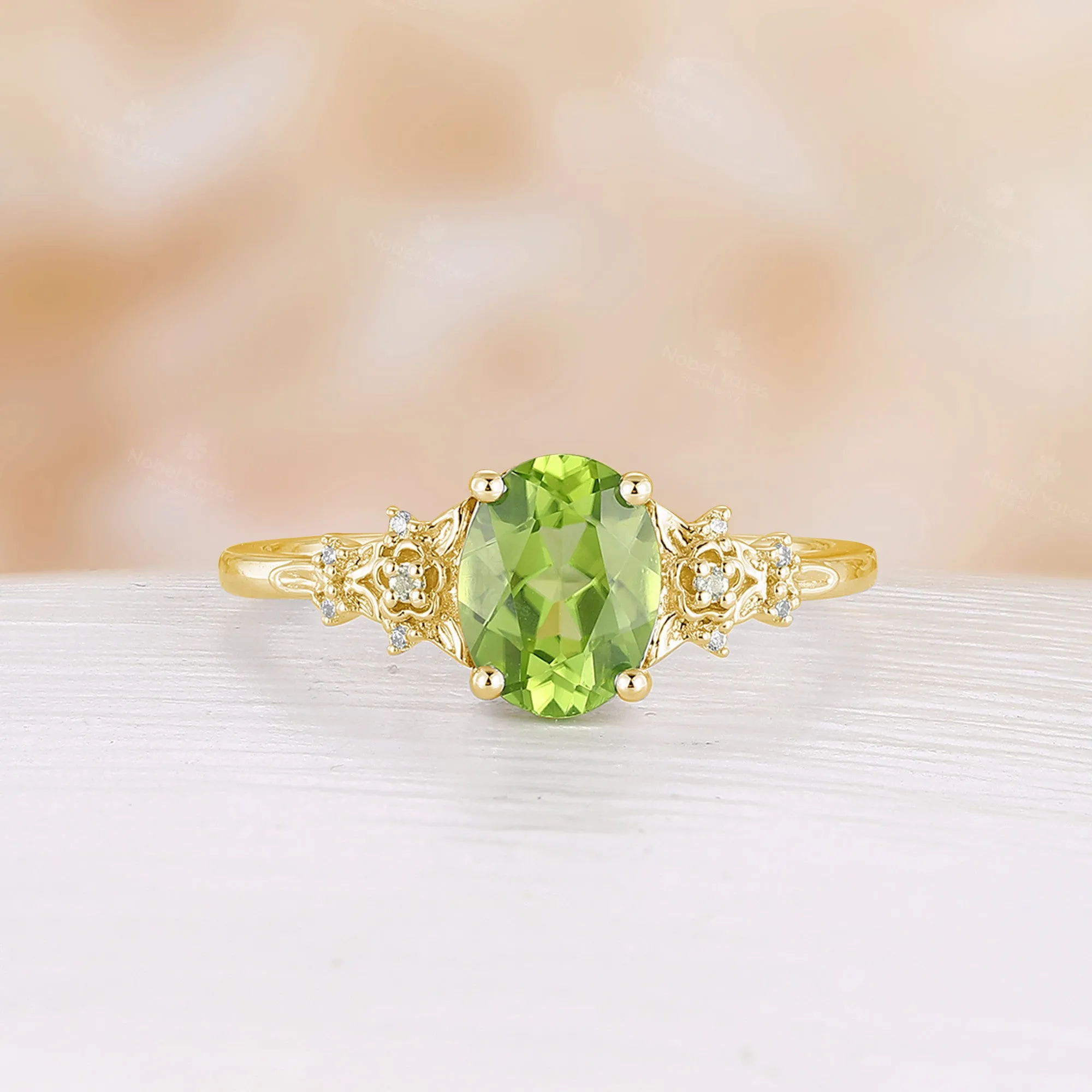 Nature Inspired Oval Cut Lab Emerald Foral Engagement Ring Rose Gold Side Stone