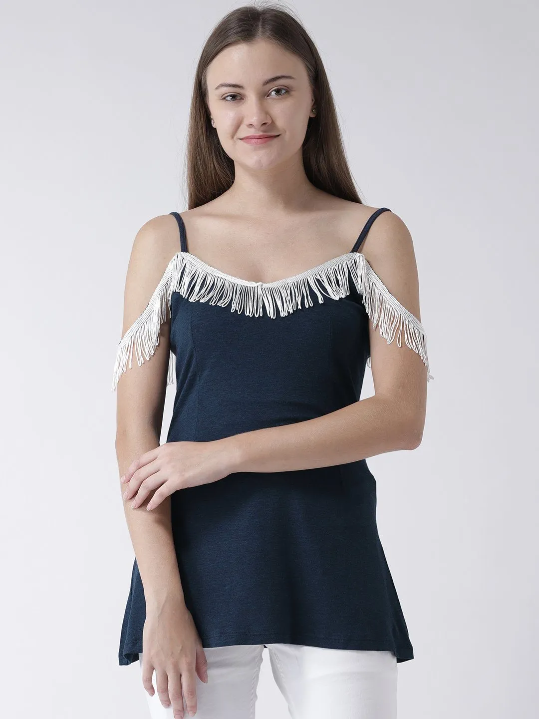 Navy Blue Cami Top with Fringed Neckline detail