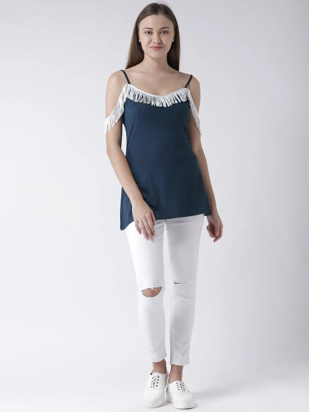 Navy Blue Cami Top with Fringed Neckline detail