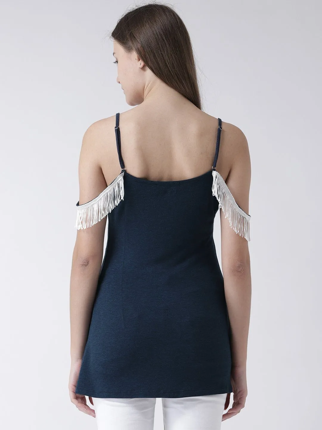 Navy Blue Cami Top with Fringed Neckline detail