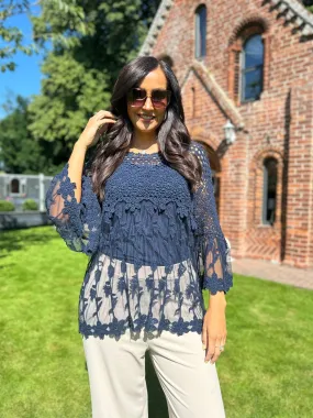 Navy Floral Crochet Half Lace Top Natalia