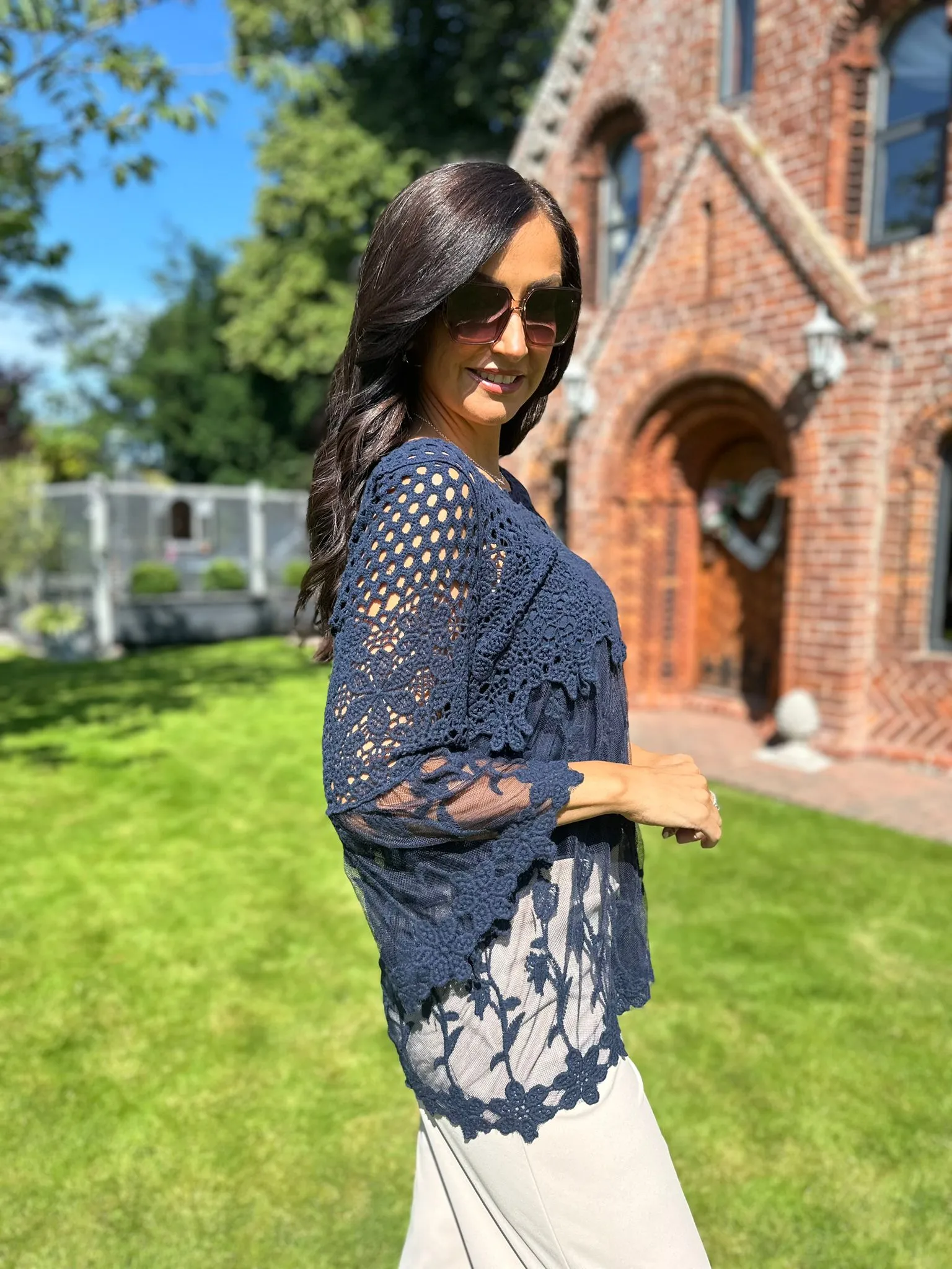 Navy Floral Crochet Half Lace Top Natalia