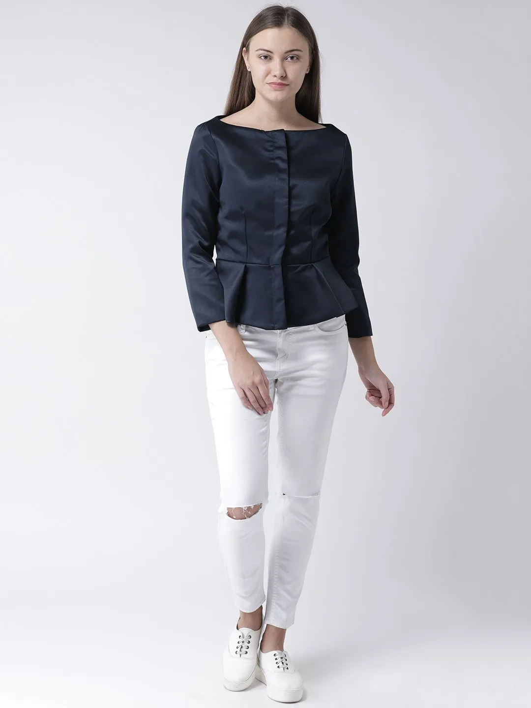 Navy Peplum Top with Front Opening