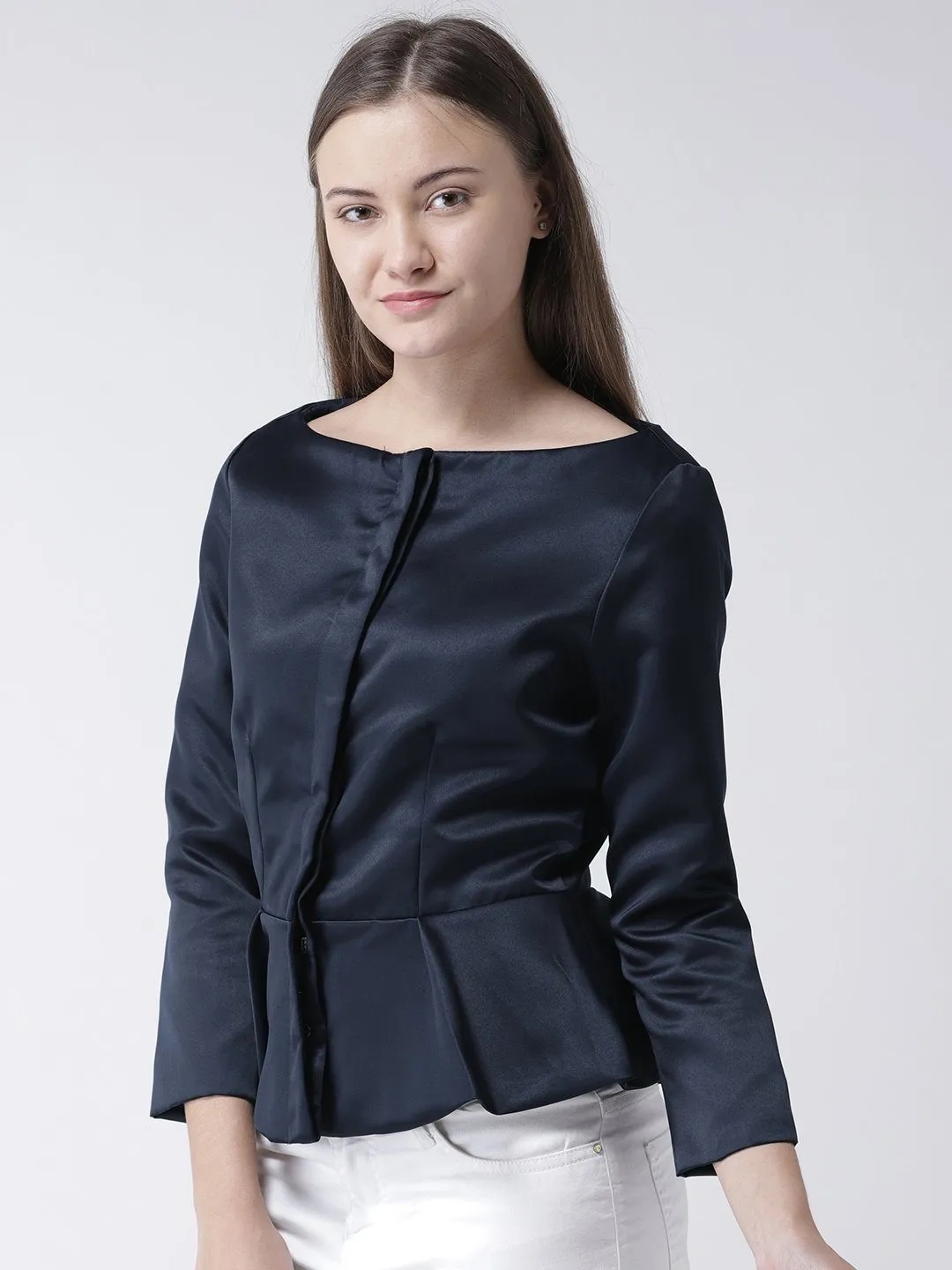 Navy Peplum Top with Front Opening