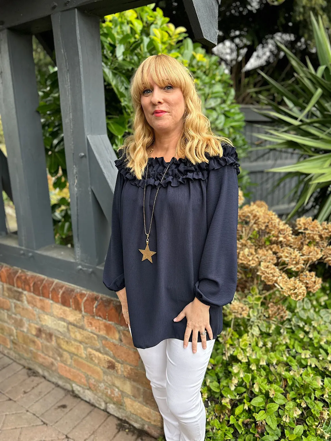 Navy Ruffle Bardot Top Heidi