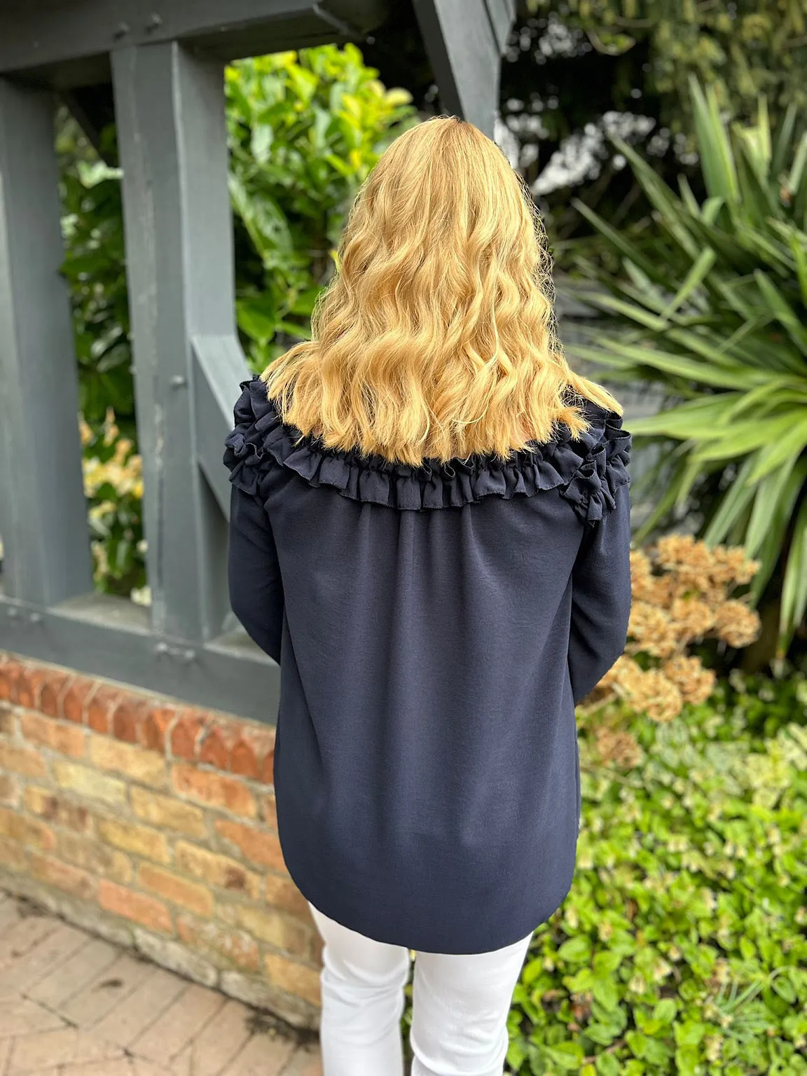 Navy Ruffle Bardot Top Heidi